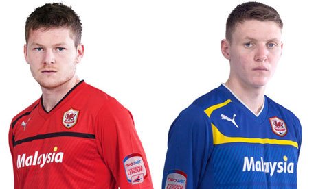 Cardiff City's new red home football kit and blue away kit