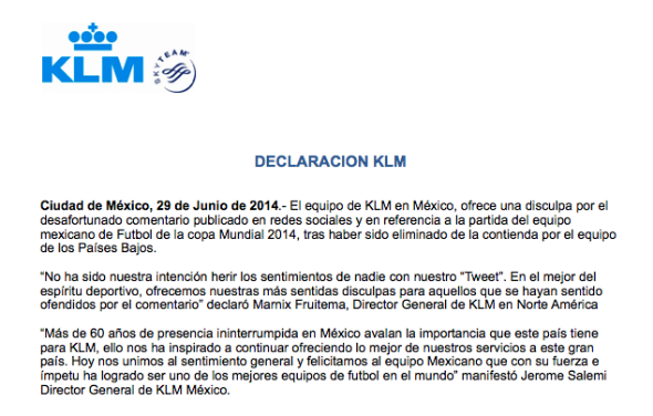 KLM Disculpa Mexico Holanda Mundial 2014