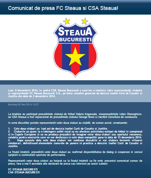 Comunicado de Prensa Steaua Bucarest